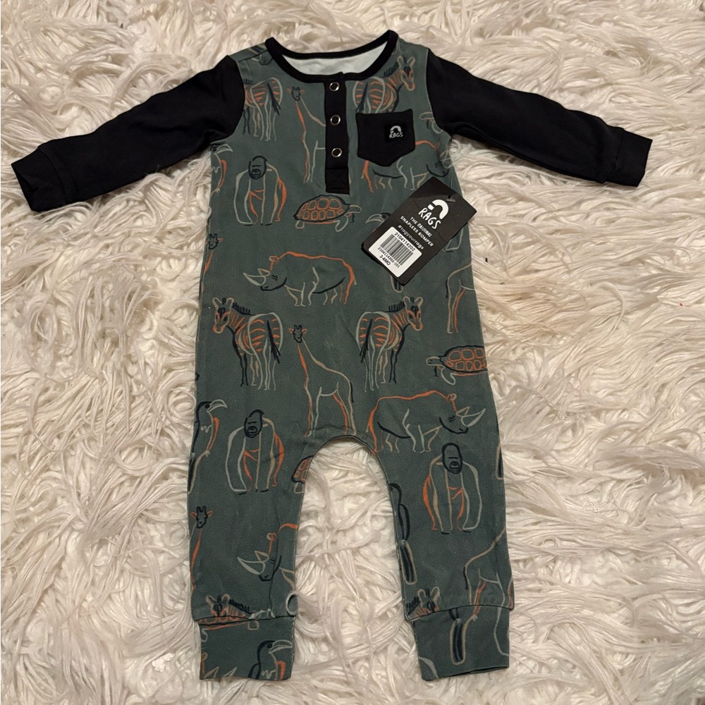 RAGS Snapless Romper Safari Animal Print 3-6M NWT Stretchy Pocket Long Sleeve